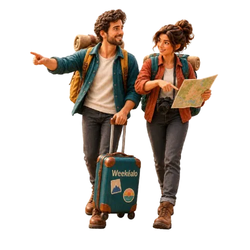 Teo y Vera pasean contentos con su maleta de Weekéalo